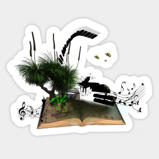 A piano is flying out of a book. Sticker